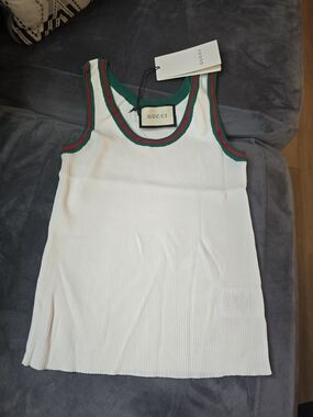 Gucci White Ribbed Tank with Green and Red Trim